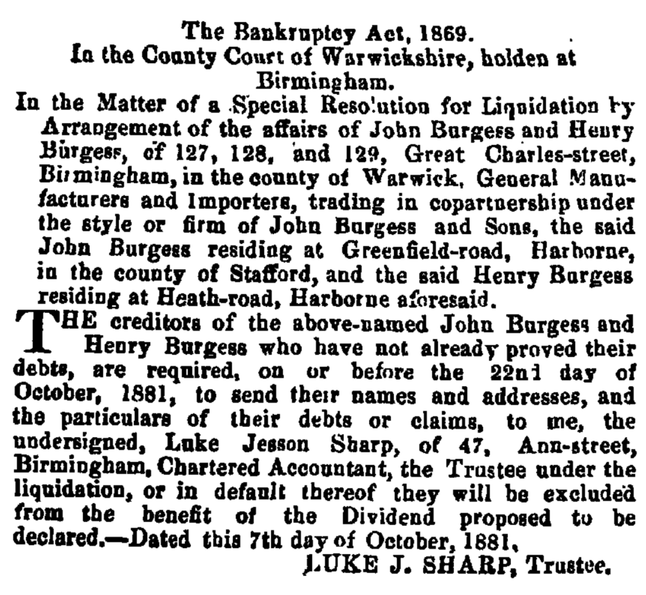 London Gazette Oct 11, 1881 p 5073